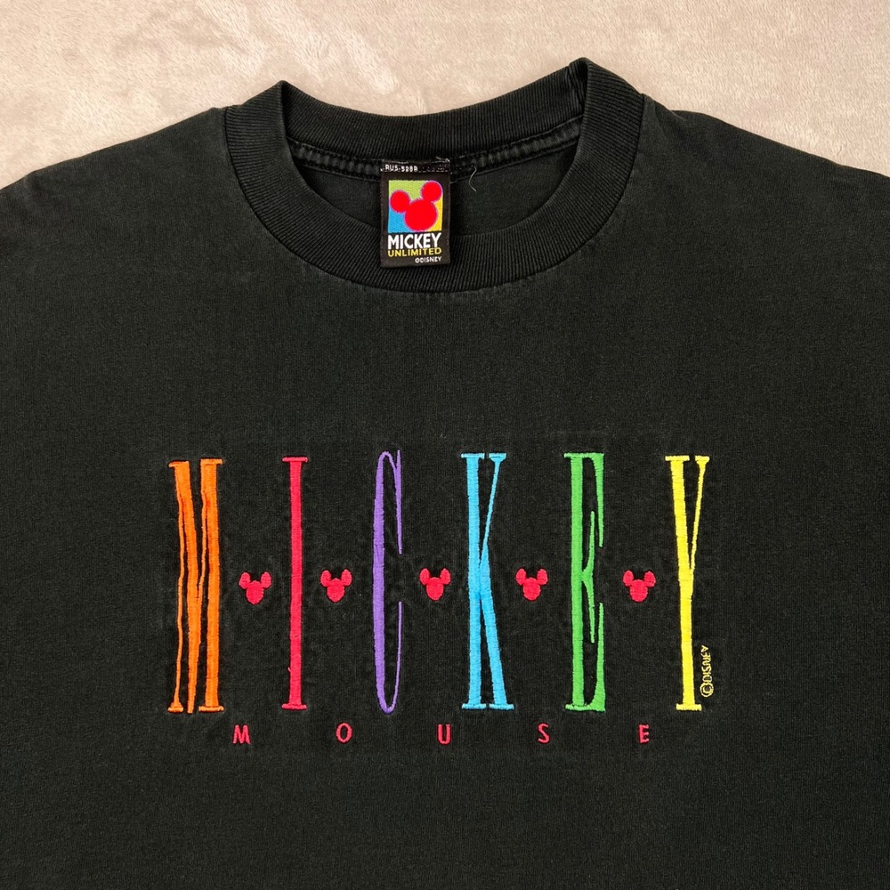 Vintage Mickey Unlimited Velva Sheen Embroidered T-Shirt Mens Black 90s Disney